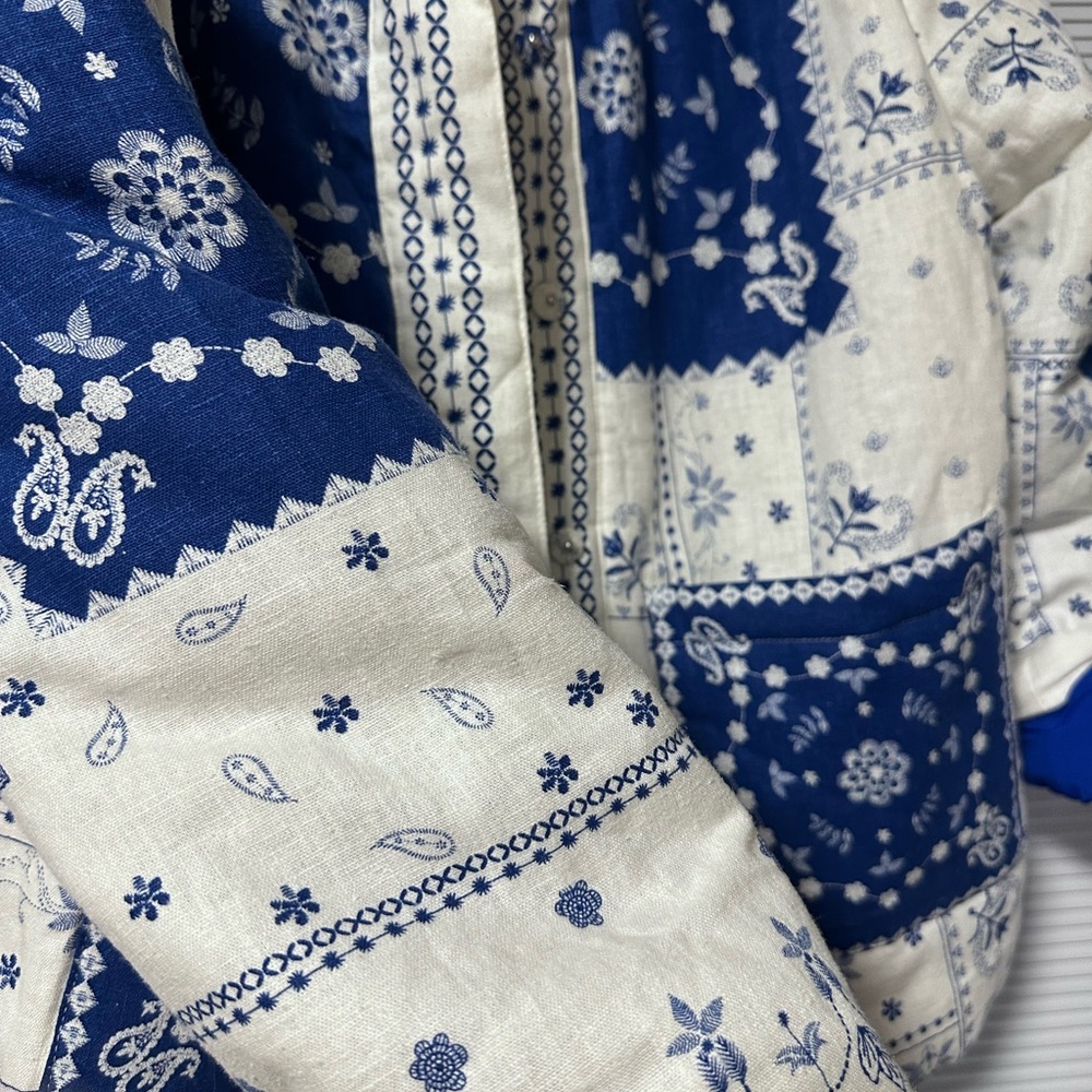 CAROLINE CONSTAS Blue and White Linen Jacket with Patchwork Bandana Print 💙🩵 - Picture 4 of 13